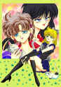 Chikako (Myrkr), Koumi (Kessel) and Asteroid (Priire) with Schylar  - edited by Priire from a Sailor Moon doujinshi by the circle Blue Lynx  (215573 bytes)