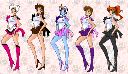 Bakura (Annika), Iridonia (Xarae),  Omwat (Kirana), Myrkr (Chikako) and Vjun (Hisui) - edited by Kirana (Omwat) from a KiSS doll   (106509 bytes)