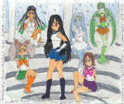 Some of the Outer Senshi - Sutaru (Corellia), Nom (Dathomir), Koumi (Kessel), Oola (Ryloth),  Numako (Dagobah) and Chikako (Myrkr) -  an original drawing by Chikako (Myrkr)    (59019 bytes)